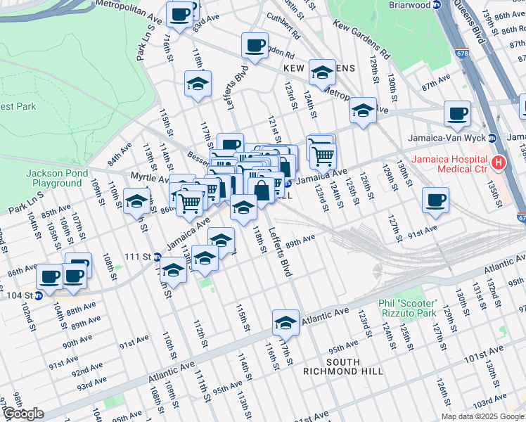 map of restaurants, bars, coffee shops, grocery stores, and more near 87-36 Lefferts Boulevard in Queens