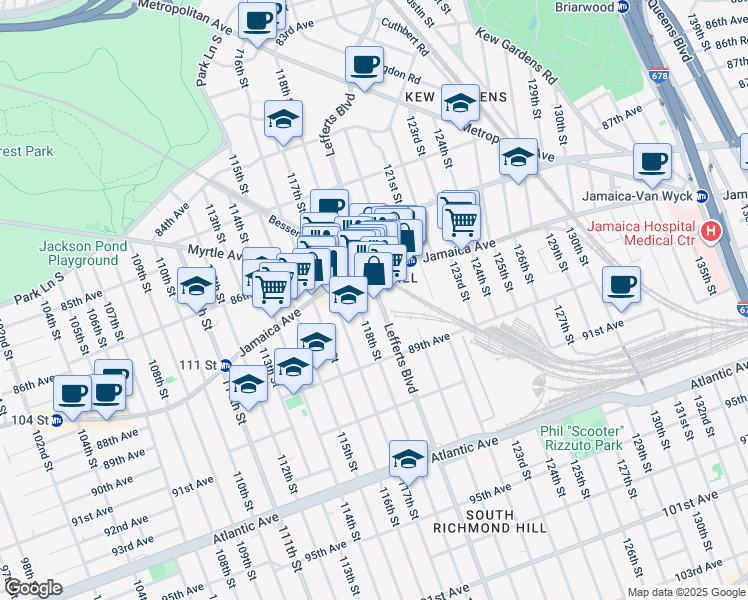 map of restaurants, bars, coffee shops, grocery stores, and more near 87-36 Lefferts Boulevard in Queens