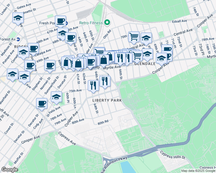 map of restaurants, bars, coffee shops, grocery stores, and more near 74-33 64th Lane in Queens