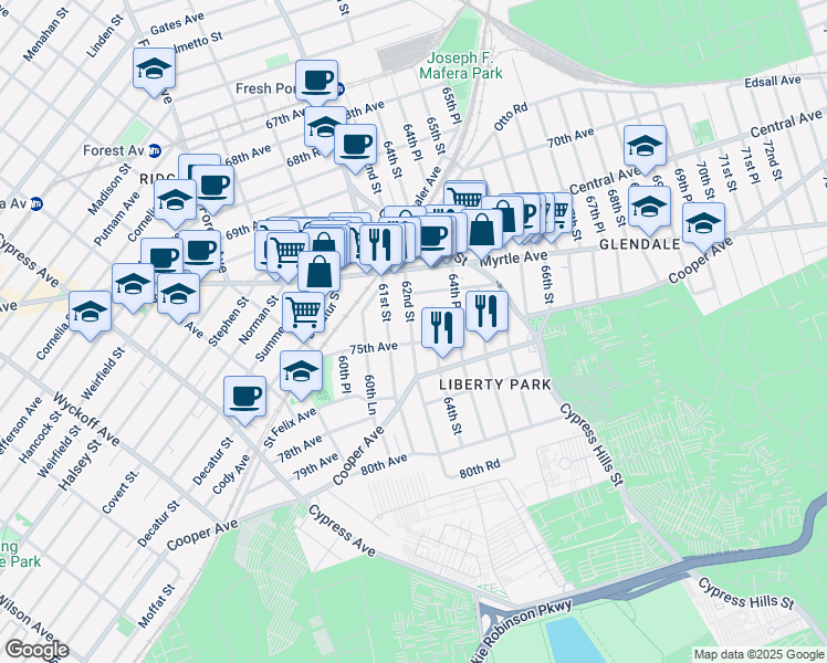 map of restaurants, bars, coffee shops, grocery stores, and more near 74-21 62nd Street in Queens
