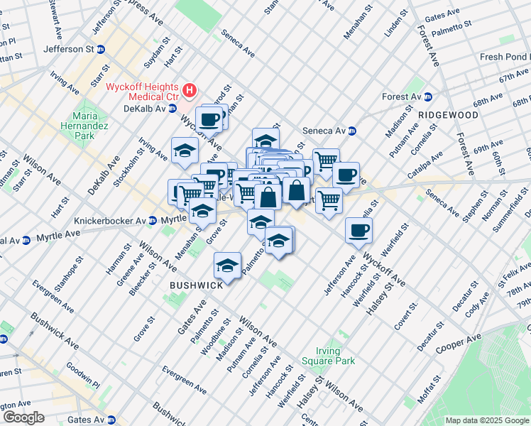map of restaurants, bars, coffee shops, grocery stores, and more near 1550 Gates Avenue in Brooklyn