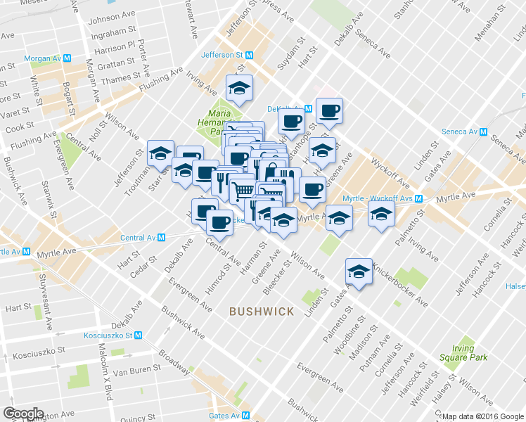 map of restaurants, bars, coffee shops, grocery stores, and more near 180 Stanhope Street in Brooklyn