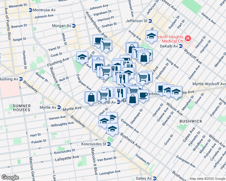 map of restaurants, bars, coffee shops, grocery stores, and more near 1039 Willoughby Avenue in Brooklyn