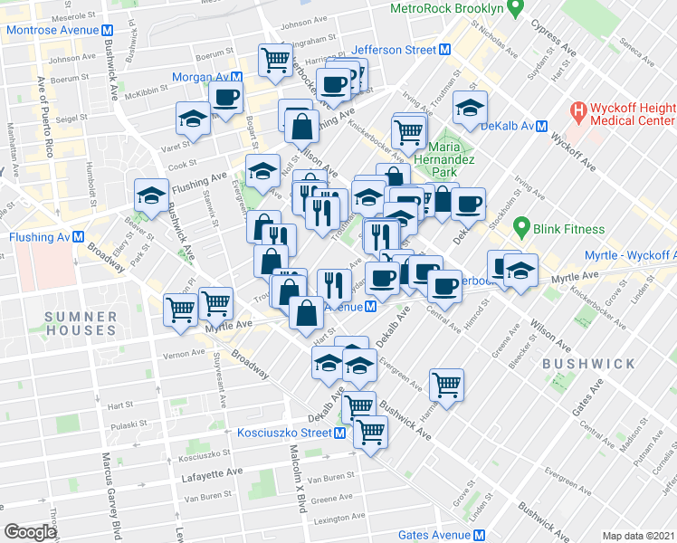 map of restaurants, bars, coffee shops, grocery stores, and more near 128 Troutman Street in Brooklyn