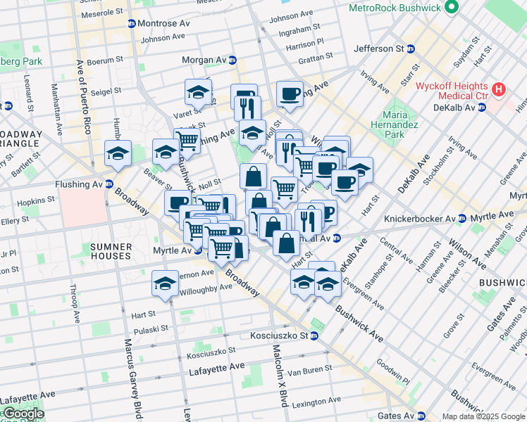 map of restaurants, bars, coffee shops, grocery stores, and more near 95 Jefferson Street in Brooklyn