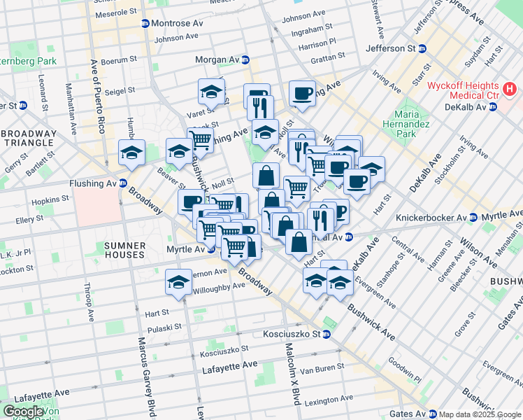 map of restaurants, bars, coffee shops, grocery stores, and more near 95 Jefferson Street in Brooklyn
