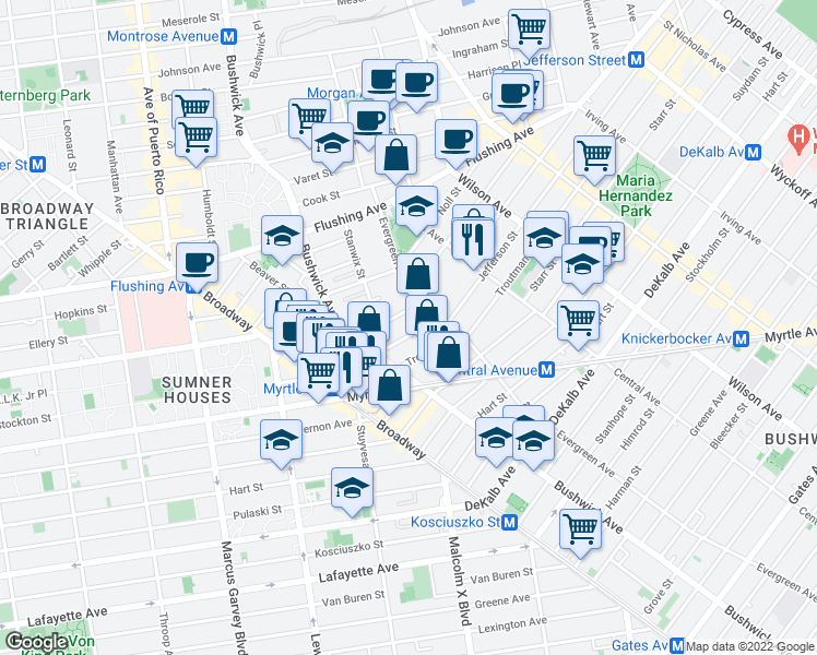 map of restaurants, bars, coffee shops, grocery stores, and more near 107 Melrose Street in Brooklyn