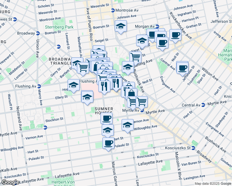 map of restaurants, bars, coffee shops, grocery stores, and more near 823 Broadway in Brooklyn