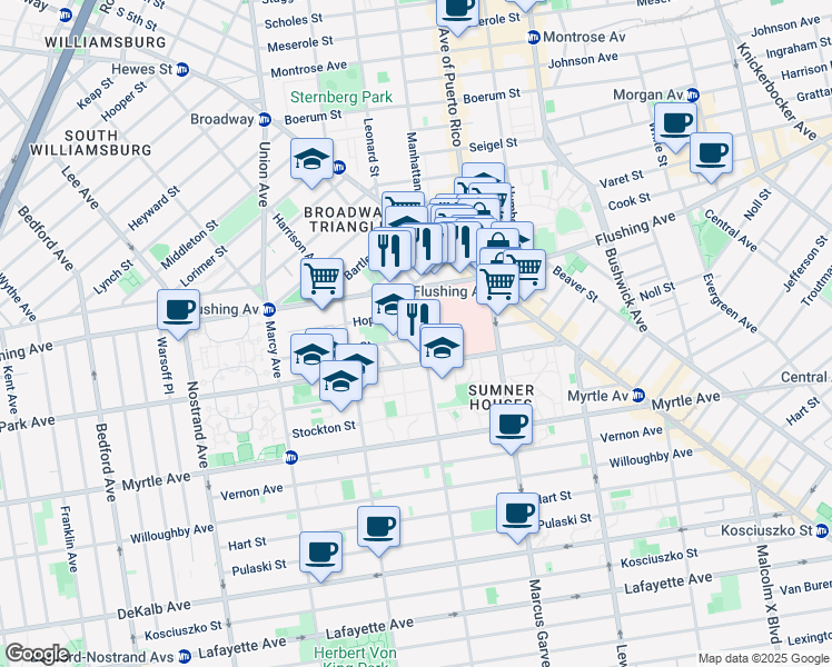 map of restaurants, bars, coffee shops, grocery stores, and more near 157 Throop Avenue in Brooklyn