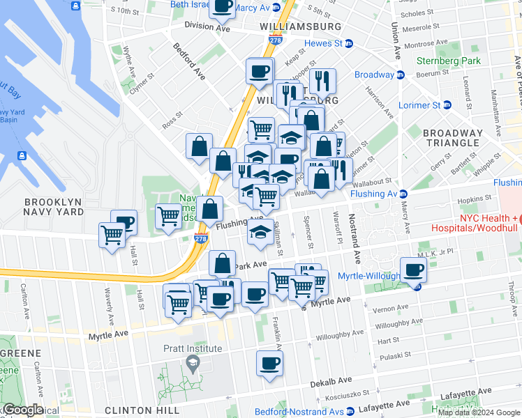 map of restaurants, bars, coffee shops, grocery stores, and more near in Brooklyn