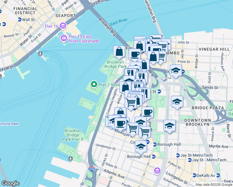 map of restaurants, bars, coffee shops, grocery stores, and more near 12 Orange Street in Brooklyn