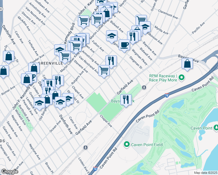 map of restaurants, bars, coffee shops, grocery stores, and more near 42-46 Van Nostrand Avenue in Jersey City