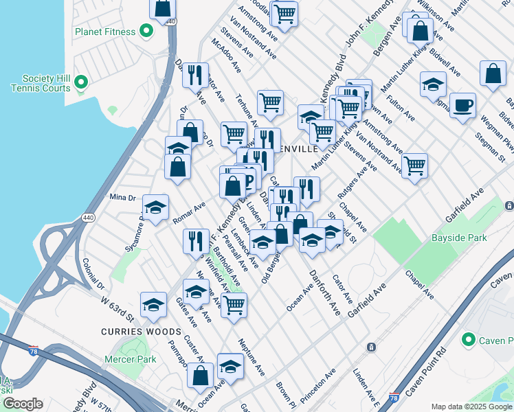 map of restaurants, bars, coffee shops, grocery stores, and more near 235 Danforth Avenue in Jersey City