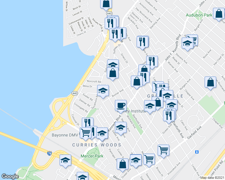map of restaurants, bars, coffee shops, grocery stores, and more near 330 Winfield Avenue in Jersey City