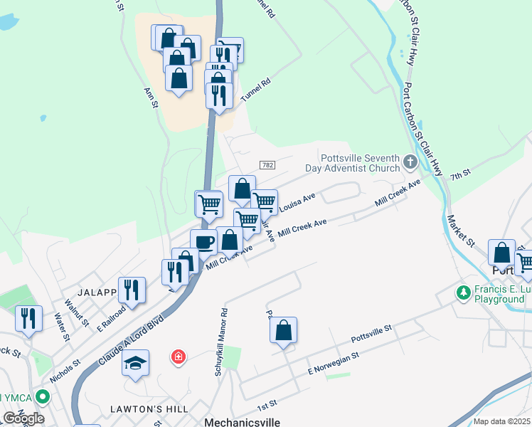 map of restaurants, bars, coffee shops, grocery stores, and more near Louisa Avenue in Pottsville