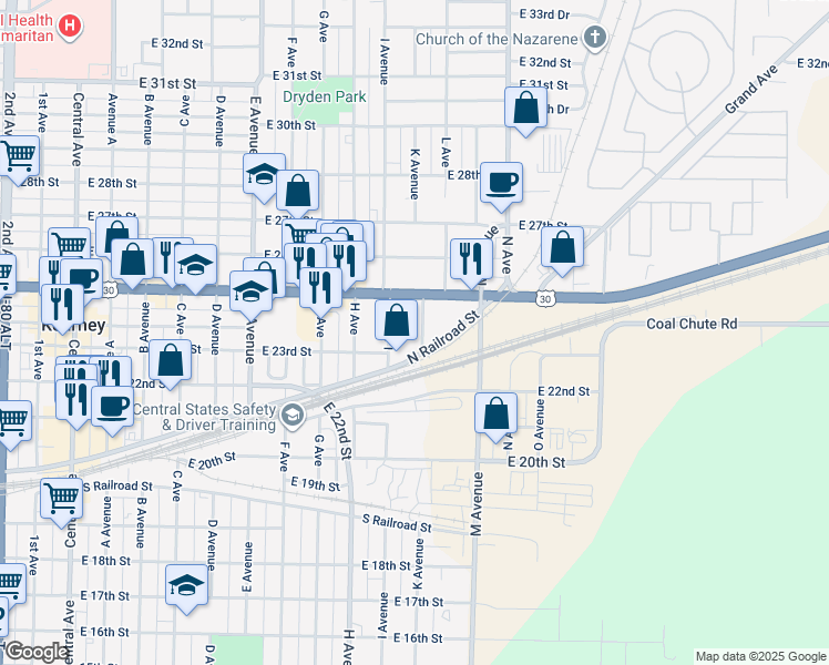 map of restaurants, bars, coffee shops, grocery stores, and more near 2301-2499 Ave I in Kearney