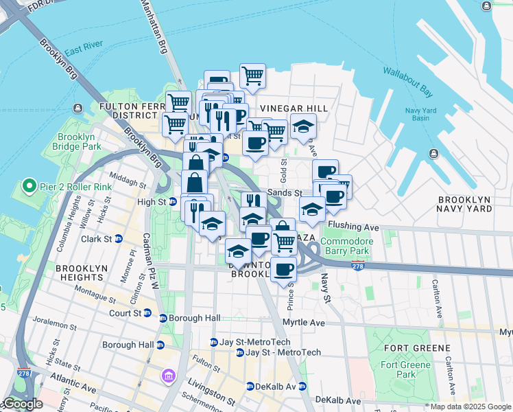 map of restaurants, bars, coffee shops, grocery stores, and more near 180 Sands Street in Brooklyn
