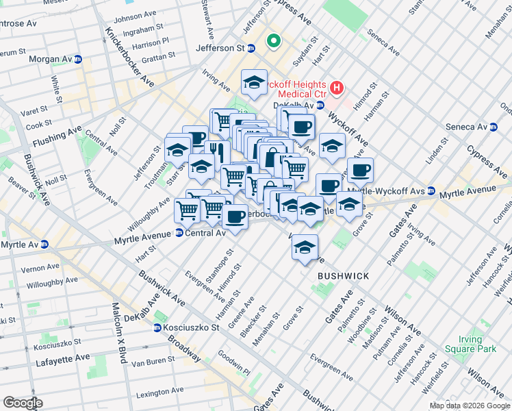 map of restaurants, bars, coffee shops, grocery stores, and more near 203 Wilson Avenue in Brooklyn