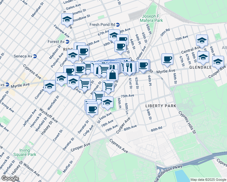 map of restaurants, bars, coffee shops, grocery stores, and more near 59-20 Decatur Street in Queens