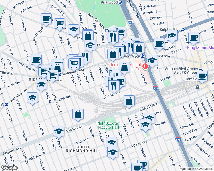 map of restaurants, bars, coffee shops, grocery stores, and more near 88-20 129th Street in Queens