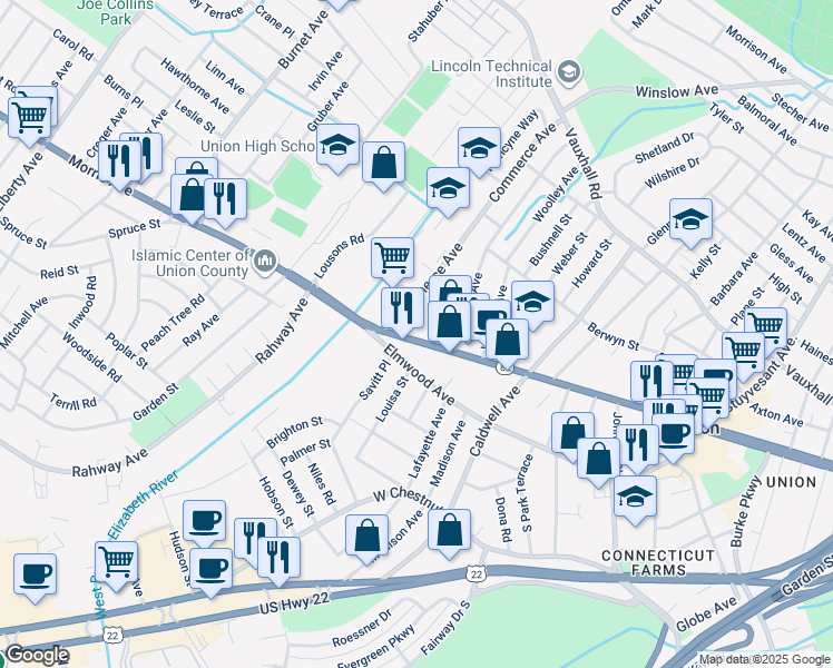 map of restaurants, bars, coffee shops, grocery stores, and more near 2265 Morris Avenue in Union