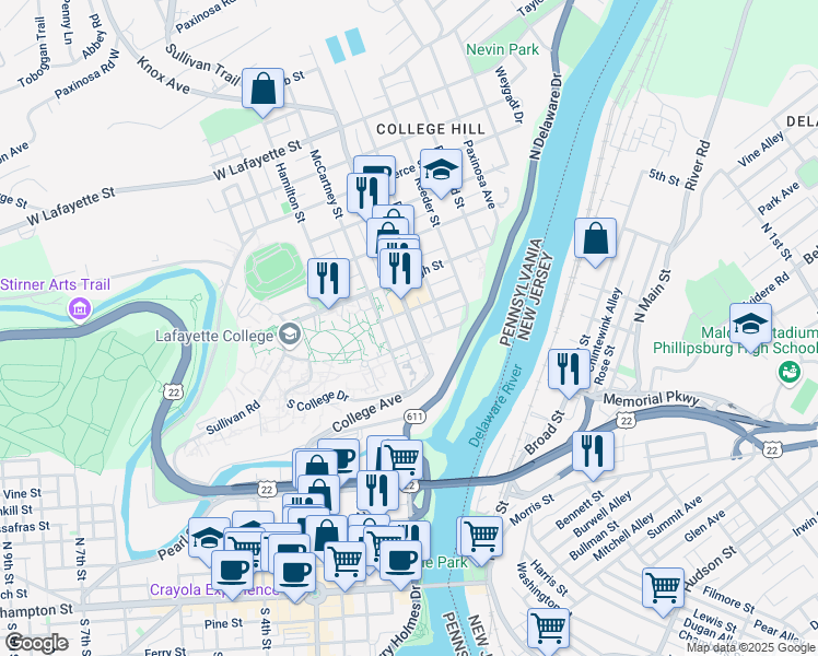 map of restaurants, bars, coffee shops, grocery stores, and more near 118 Cattell Street in Easton