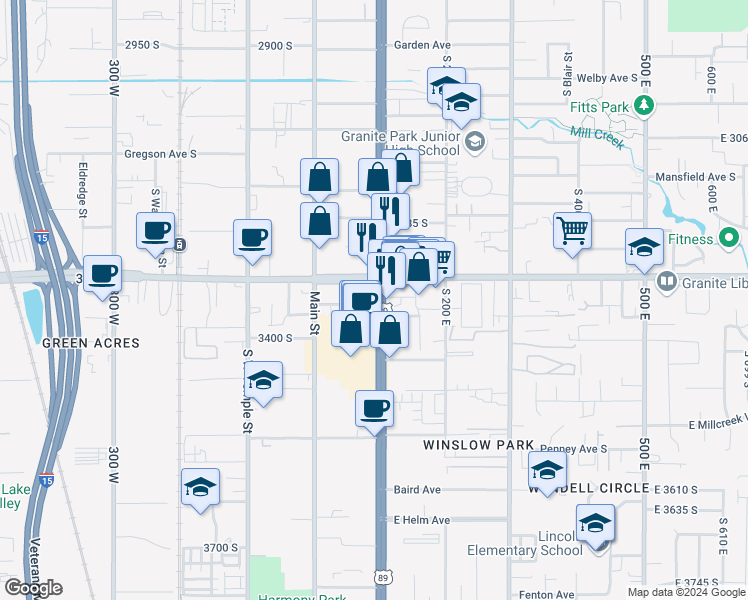 map of restaurants, bars, coffee shops, grocery stores, and more near 102 East 3300 South in South Salt Lake
