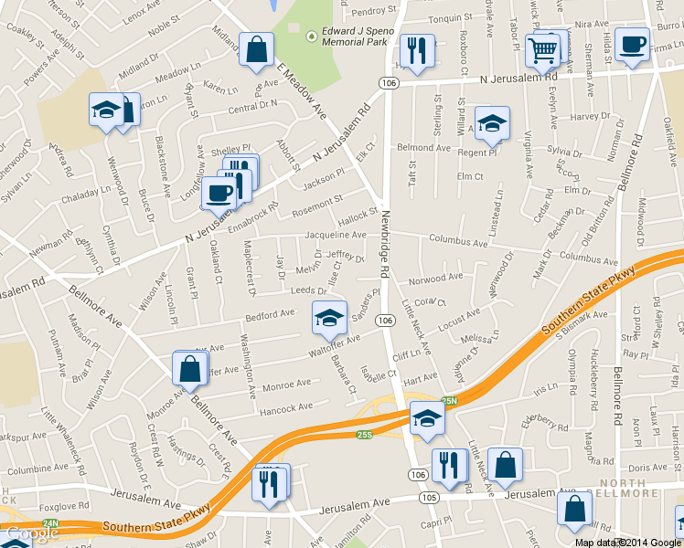 map of restaurants, bars, coffee shops, grocery stores, and more near 921 Ilse Court in North Bellmore