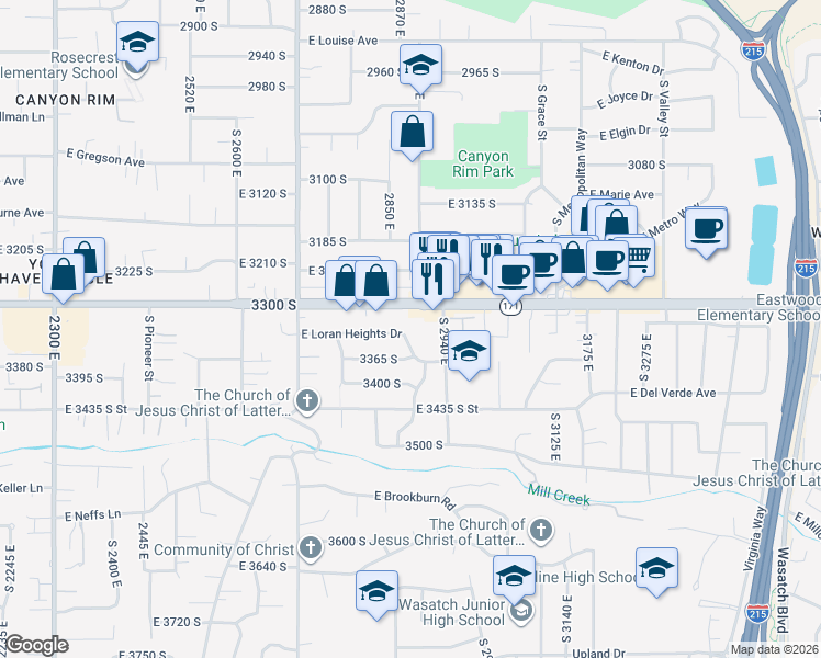 map of restaurants, bars, coffee shops, grocery stores, and more near 2885 East Loran Heights Drive in Salt Lake City
