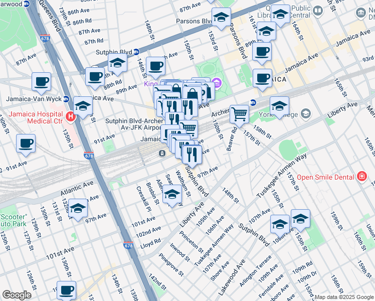 map of restaurants, bars, coffee shops, grocery stores, and more near 147-37 94th Avenue in Queens