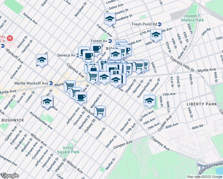 map of restaurants, bars, coffee shops, grocery stores, and more near 933 Seneca Avenue in Queens