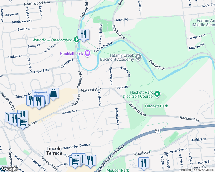 map of restaurants, bars, coffee shops, grocery stores, and more near 2107 Hackett Avenue in Easton