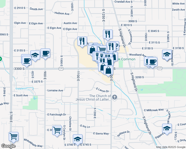map of restaurants, bars, coffee shops, grocery stores, and more near 1174 East 3300 South in Millcreek