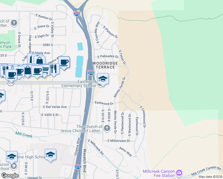 map of restaurants, bars, coffee shops, grocery stores, and more near 3647 Eastwood Drive in Salt Lake City