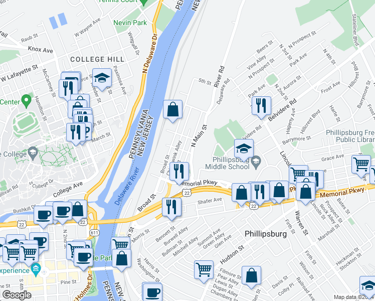 map of restaurants, bars, coffee shops, grocery stores, and more near 18 4th Street in Phillipsburg