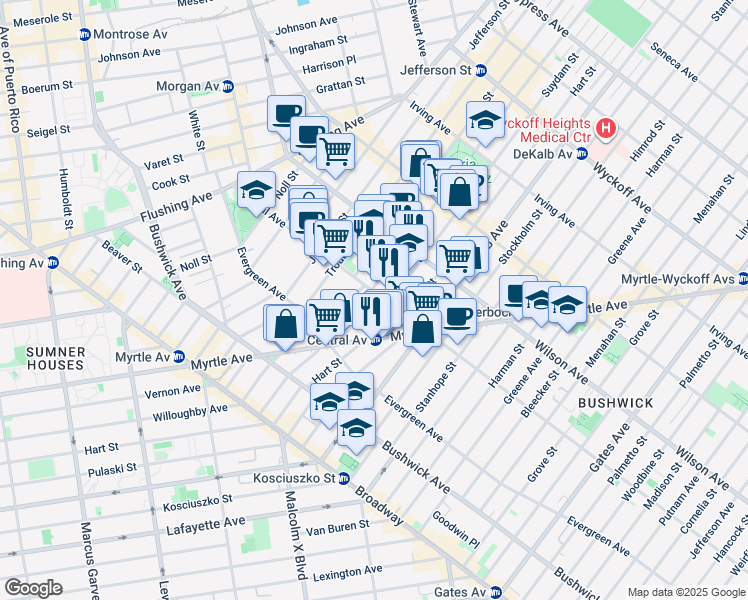 map of restaurants, bars, coffee shops, grocery stores, and more near 162 Central Avenue in Brooklyn