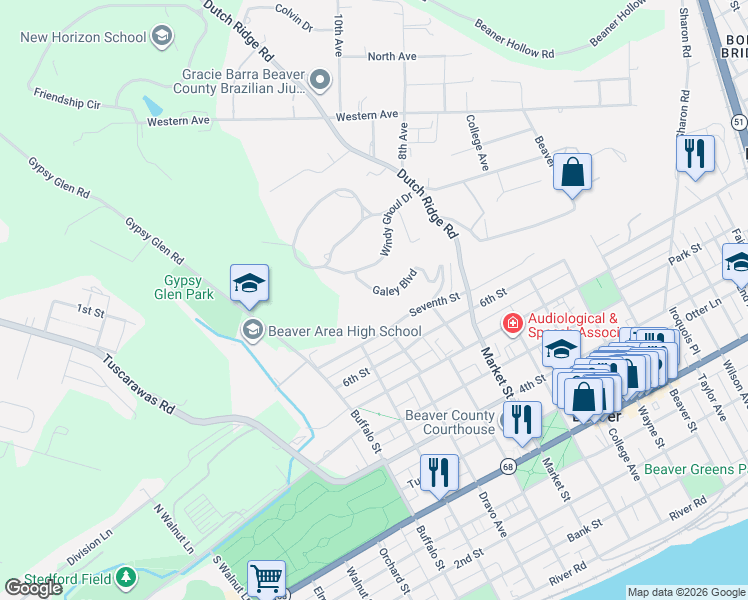 map of restaurants, bars, coffee shops, grocery stores, and more near 825 Galey Boulevard in Beaver