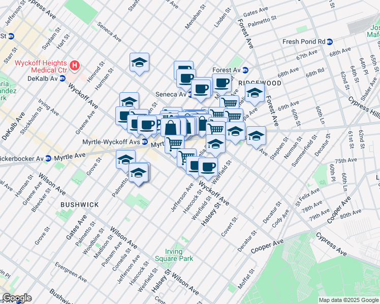 map of restaurants, bars, coffee shops, grocery stores, and more near 16-47 Putnam Avenue in Queens