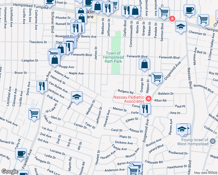 map of restaurants, bars, coffee shops, grocery stores, and more near 301 Jefferson Street in Franklin Square