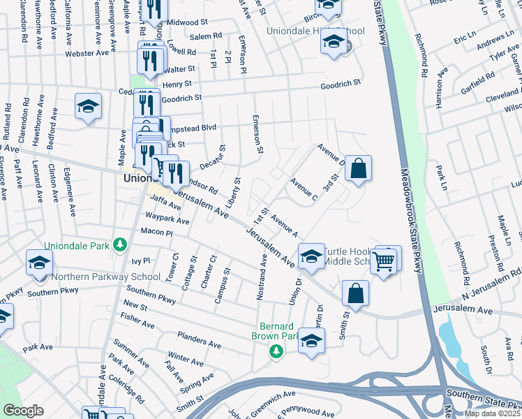 map of restaurants, bars, coffee shops, grocery stores, and more near 100 Brix Place in Uniondale