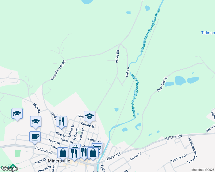 map of restaurants, bars, coffee shops, grocery stores, and more near 1348 Valley Road in Pottsville