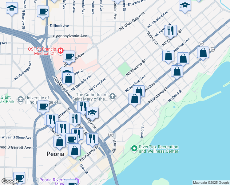 map of restaurants, bars, coffee shops, grocery stores, and more near 707 Northeast Madison Avenue in Peoria