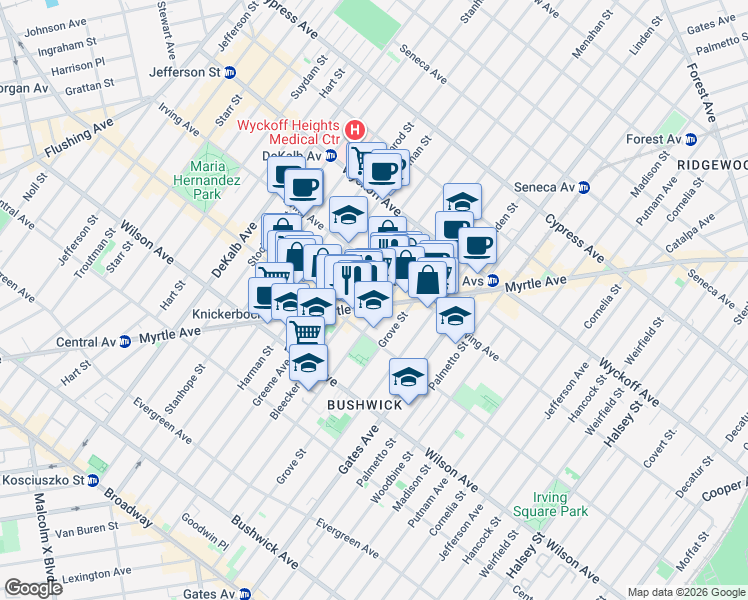 map of restaurants, bars, coffee shops, grocery stores, and more near 275 Bleecker Street in Brooklyn