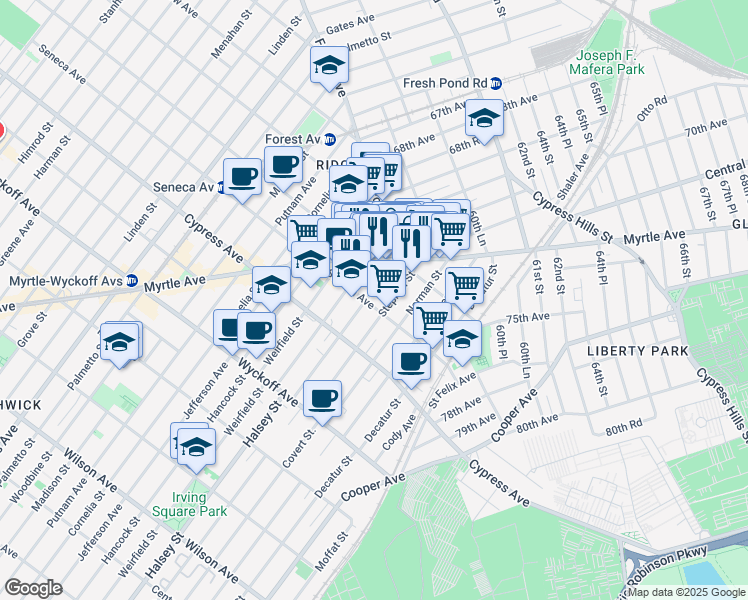 map of restaurants, bars, coffee shops, grocery stores, and more near 18-06 George Street in Queens