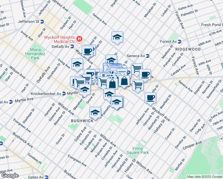 map of restaurants, bars, coffee shops, grocery stores, and more near 1550 Gates Avenue in Brooklyn
