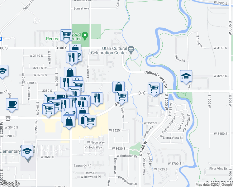 map of restaurants, bars, coffee shops, grocery stores, and more near 1425 West 3350 South in West Valley City