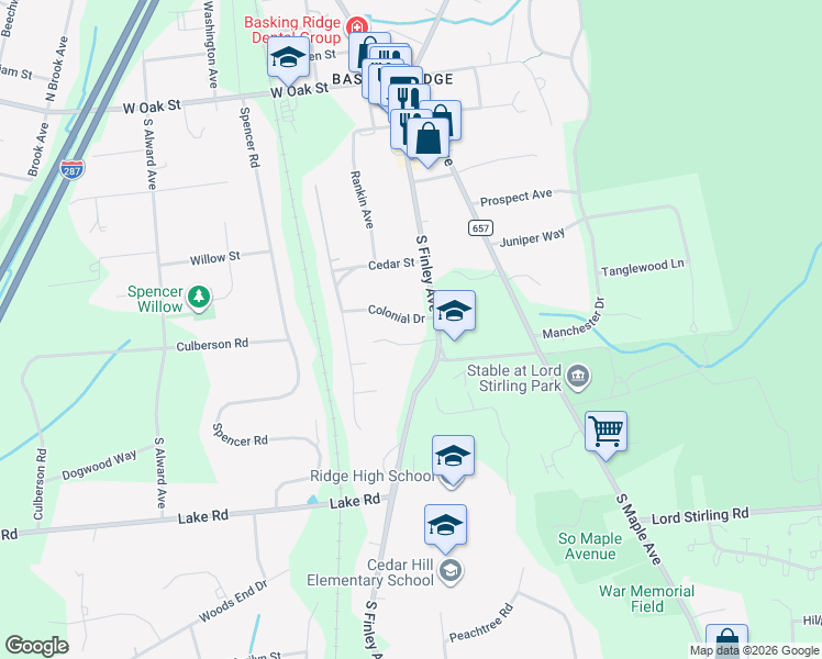 map of restaurants, bars, coffee shops, grocery stores, and more near 10 Colonial Drive in Bernards