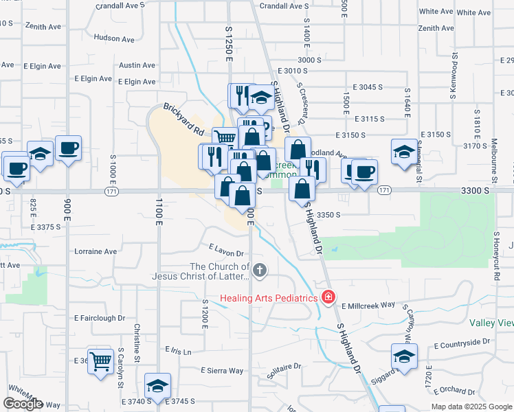 map of restaurants, bars, coffee shops, grocery stores, and more near 3333 South 1300 East in Millcreek