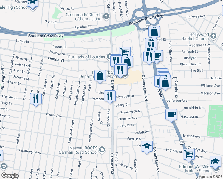 map of restaurants, bars, coffee shops, grocery stores, and more near 7 Bernard Street in Massapequa