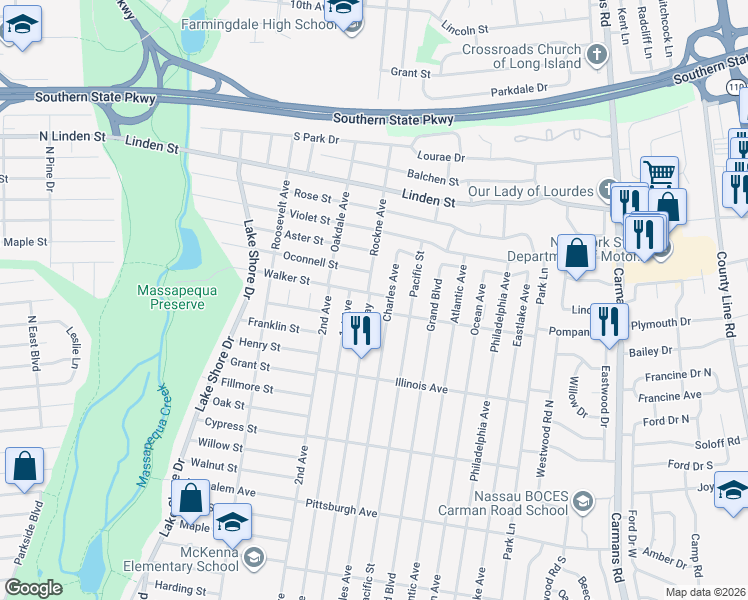 map of restaurants, bars, coffee shops, grocery stores, and more near 295 Walker Street in Massapequa Park